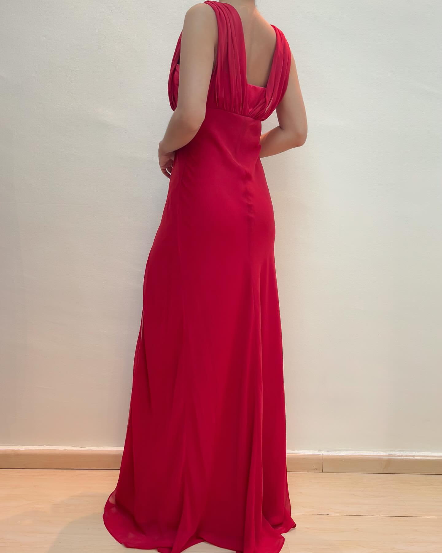 Red Evening Party Dress Vintage Satin Chiffon Formal Dress J6889
