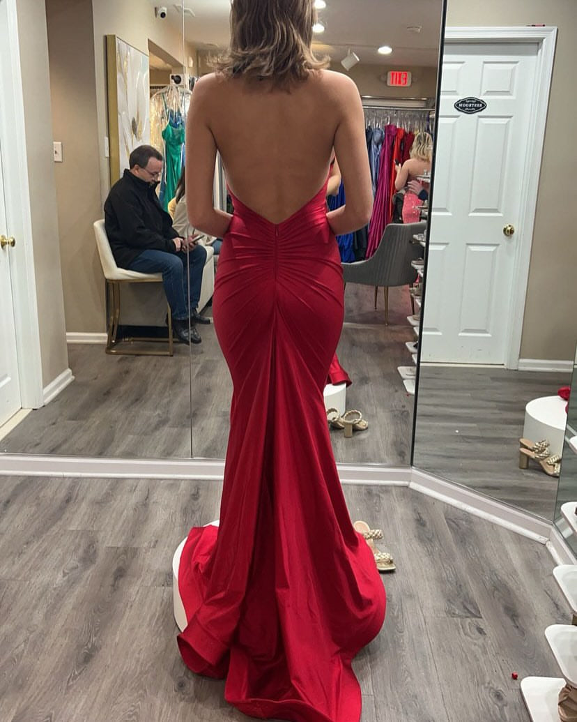 Halter Red Mermaid Prom Dress Satin Backless Sexy Evening Dress J6914