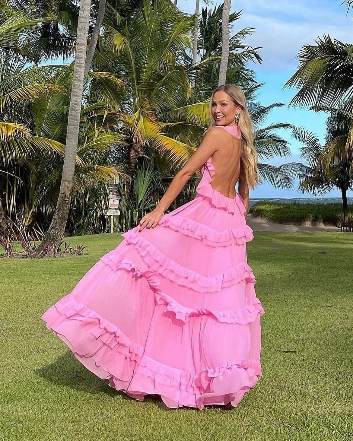 A-Linie Rückenfreies Rüschenkleid für Hochzeitsgäste Rosa Abendkleid J6918