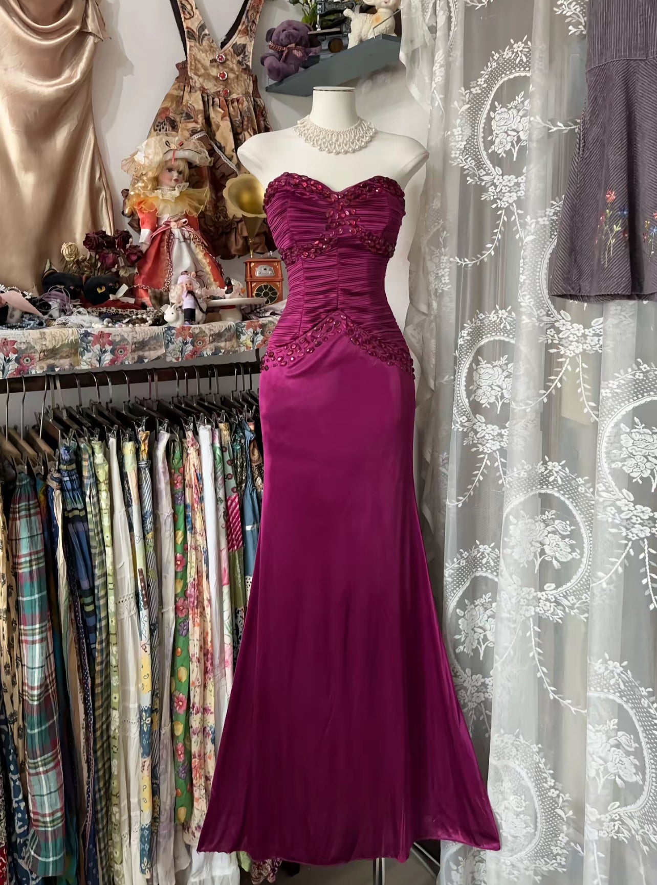 Sweetheart Mermaid Fuchsia Long Prom Dress Beaded Evening Dress J8446