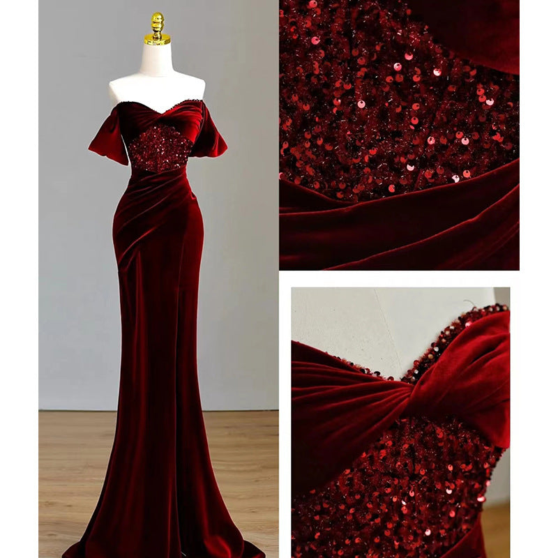 Robe de soirée longue en velours à épaules dénudées, style sirène bordeaux, robe de bal, robe de soirée 265
