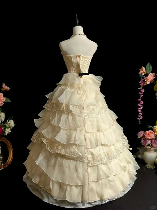 Robe de bal longue bustier beige à volants, tenue d'anniversaire pour 15 ans, J8465