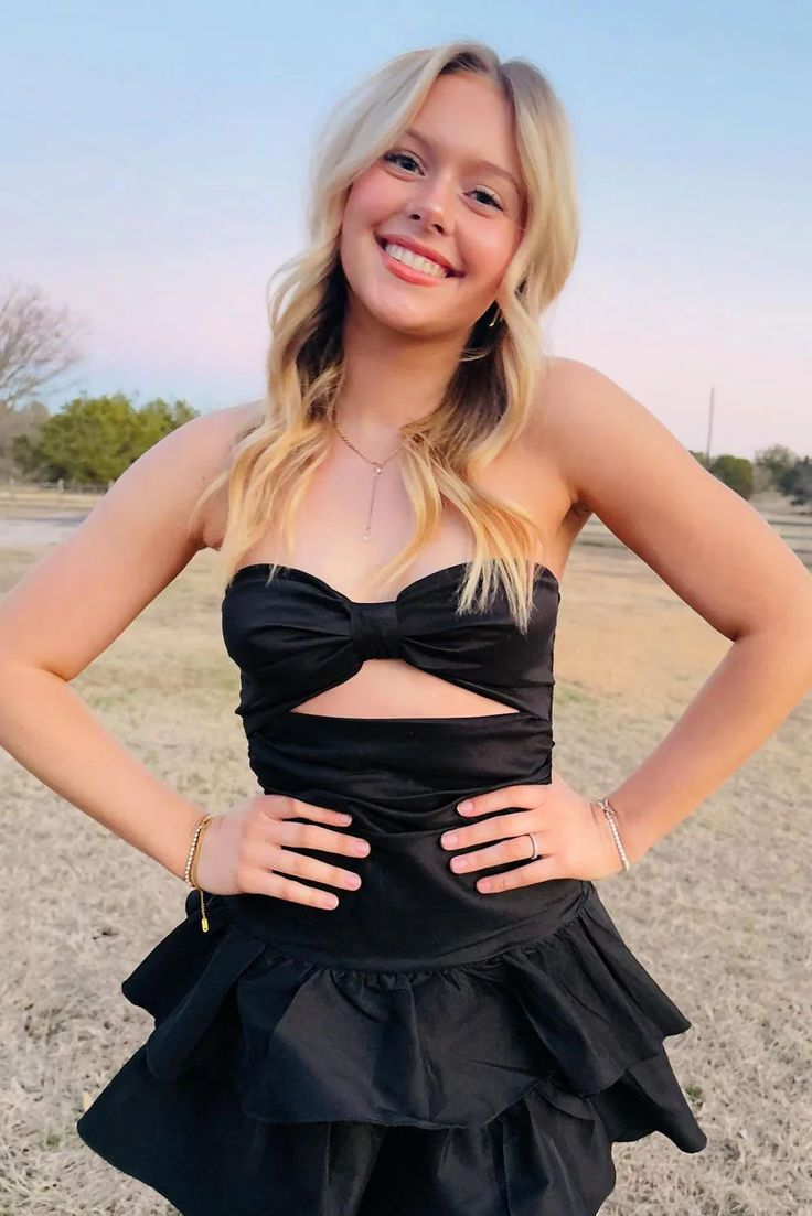 Black A Line Strapless Ruffles Satin Homecoming Dress J6953