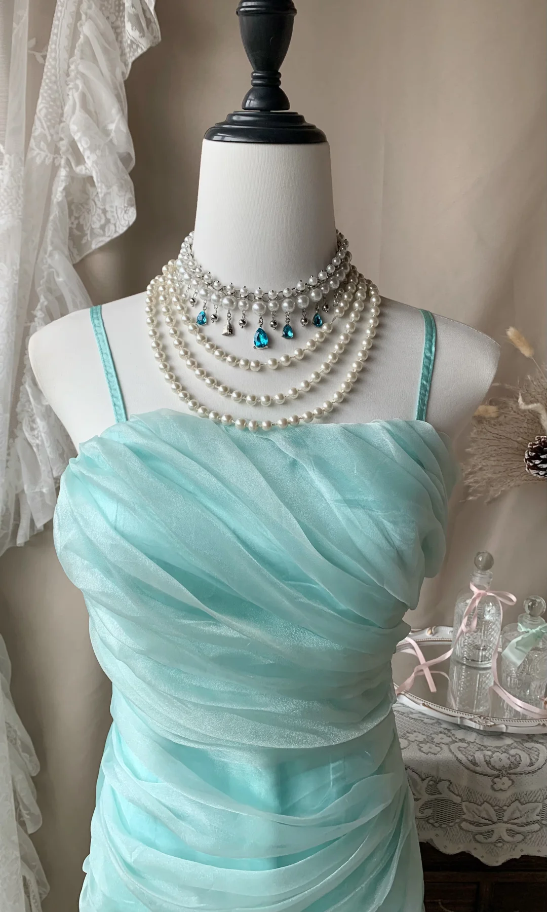 Spaghetti Straps Blue Ruffle Long Prom Dress Vintage Formal Party Dress J8799