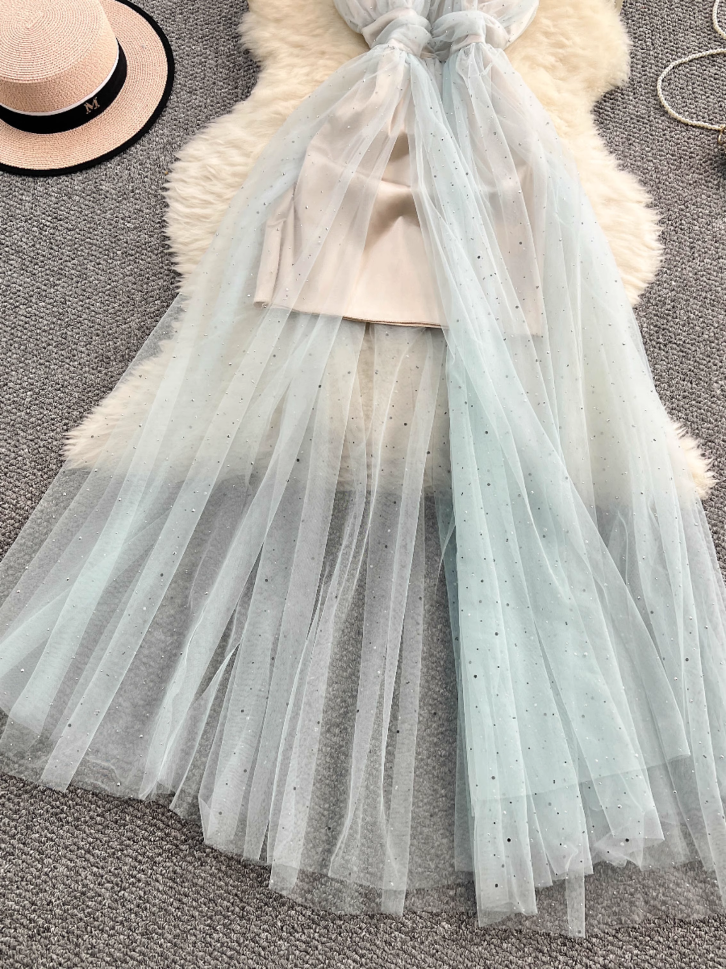 Fairy Tulle Bow Spaghetti Strap Summer Long Dress L43
