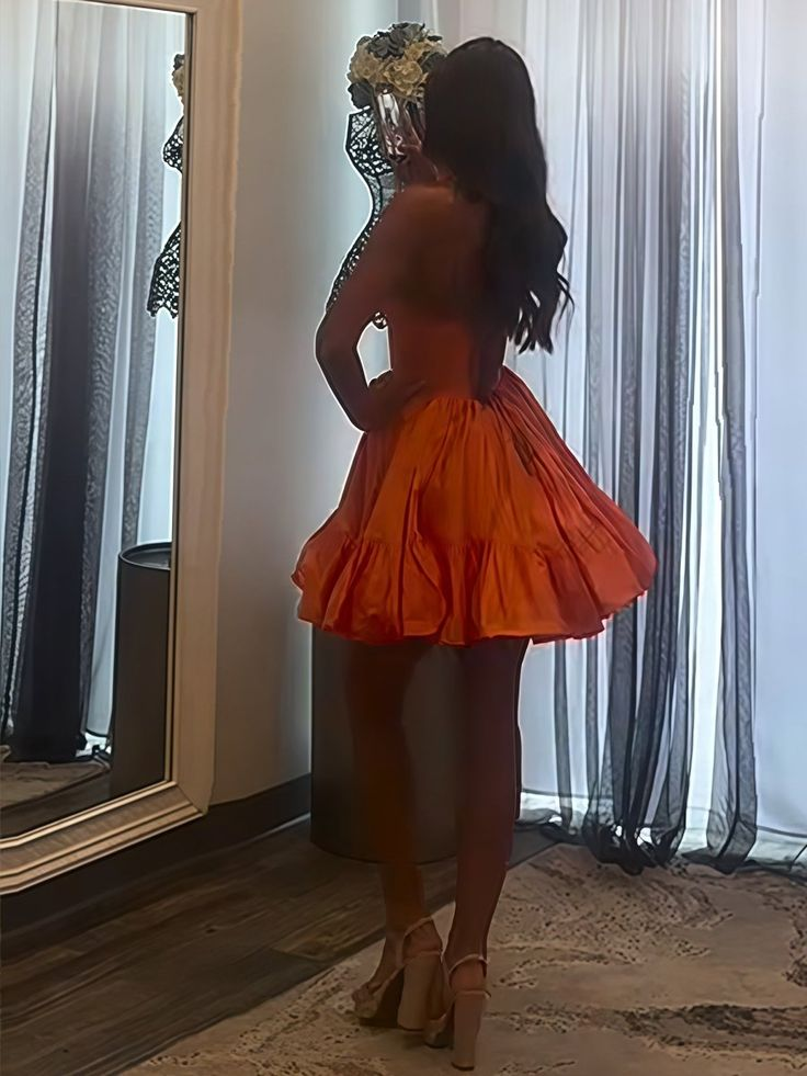 Orange Halter A Line Ruffled Short Homecoming Dress J7426