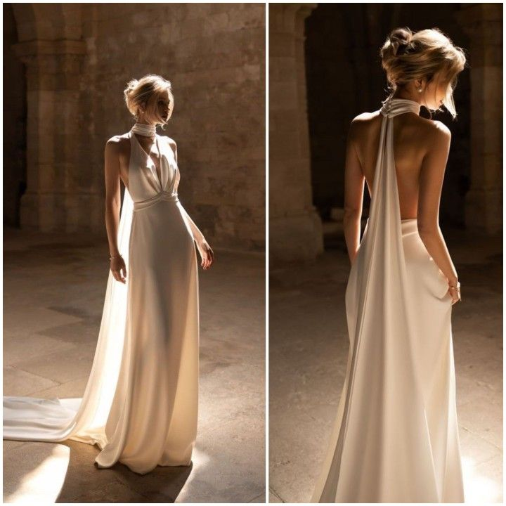 Halter White Long Wedding Dress Backless Bridal Dress J8231