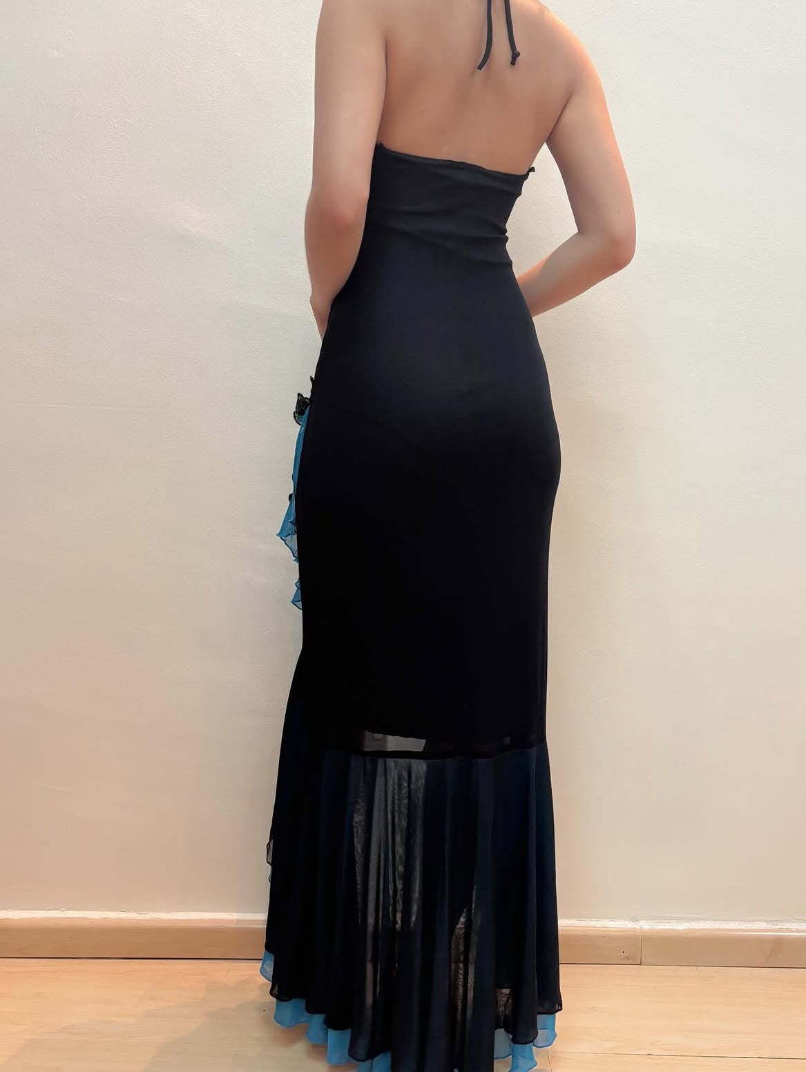 Halter Mermaid Ruffle Prom Dress Vintage Black Evening Gown J8549