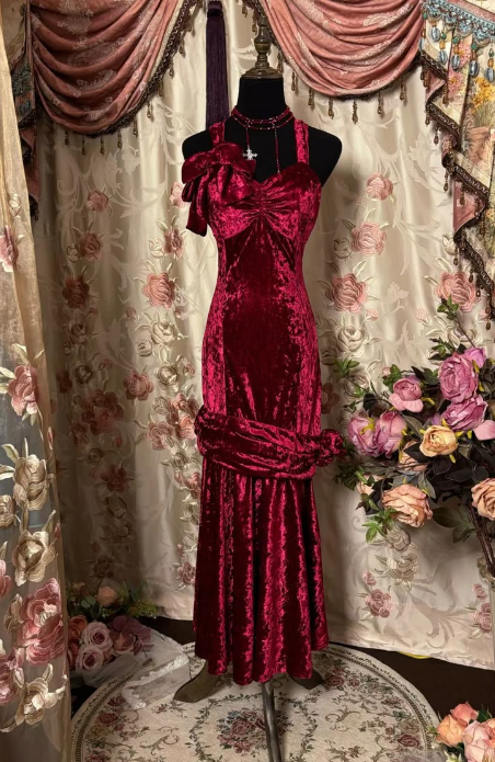 Burgundy Velvet Long Prom Dress Vintage Formal Evening Dress J8650