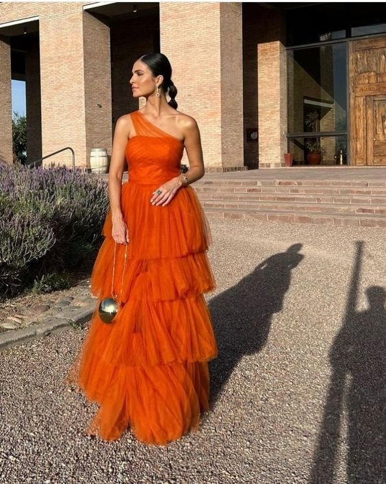 Orange Tulle Long Prom Dresses Tiered Formal Party Dress J8191