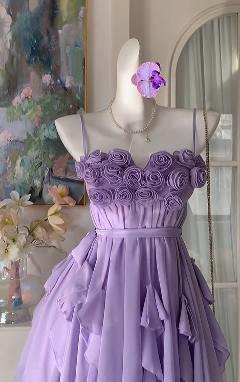Spaghetti Straps Purple Chiffon Homecoming Dress Ruffled Party Dress J11490