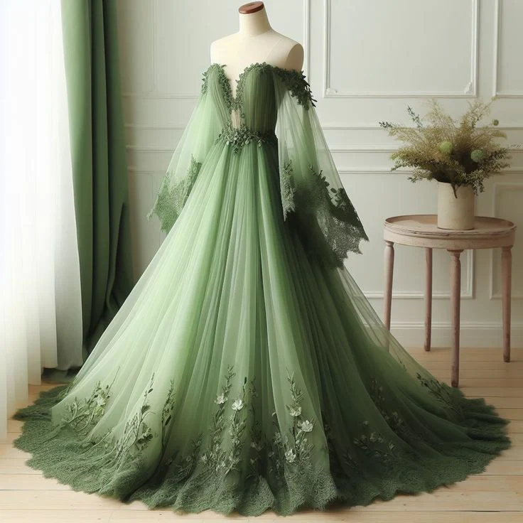 Green Off The Shoulder Green Wedding Dress Applique V-Neck Tulle Bridal Gown J7213