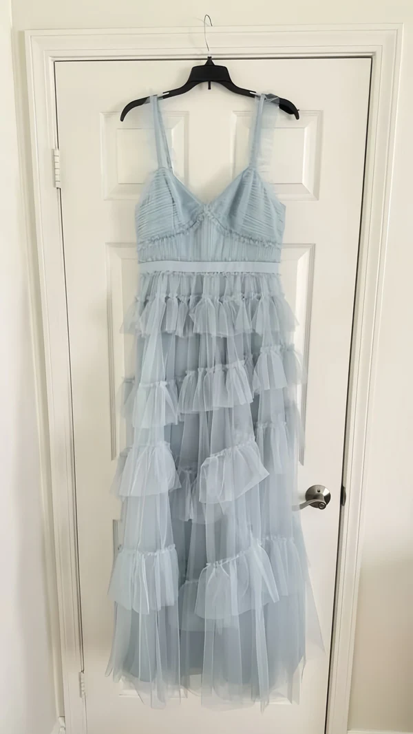 Light Blue Tulle Ruffle Long Prom Dresses Evening Party Dress J8802