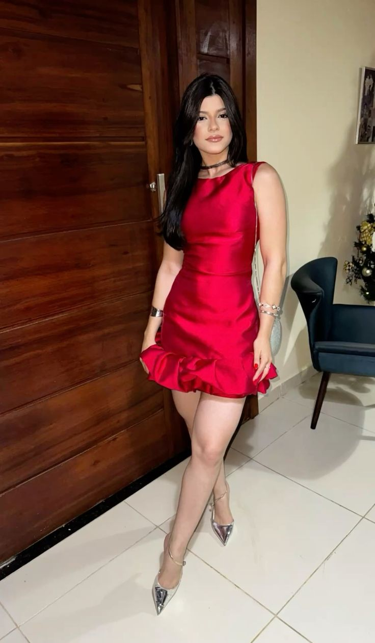 Red Satin Short Birthday Dress Ruffle Homecoming Dress J7436