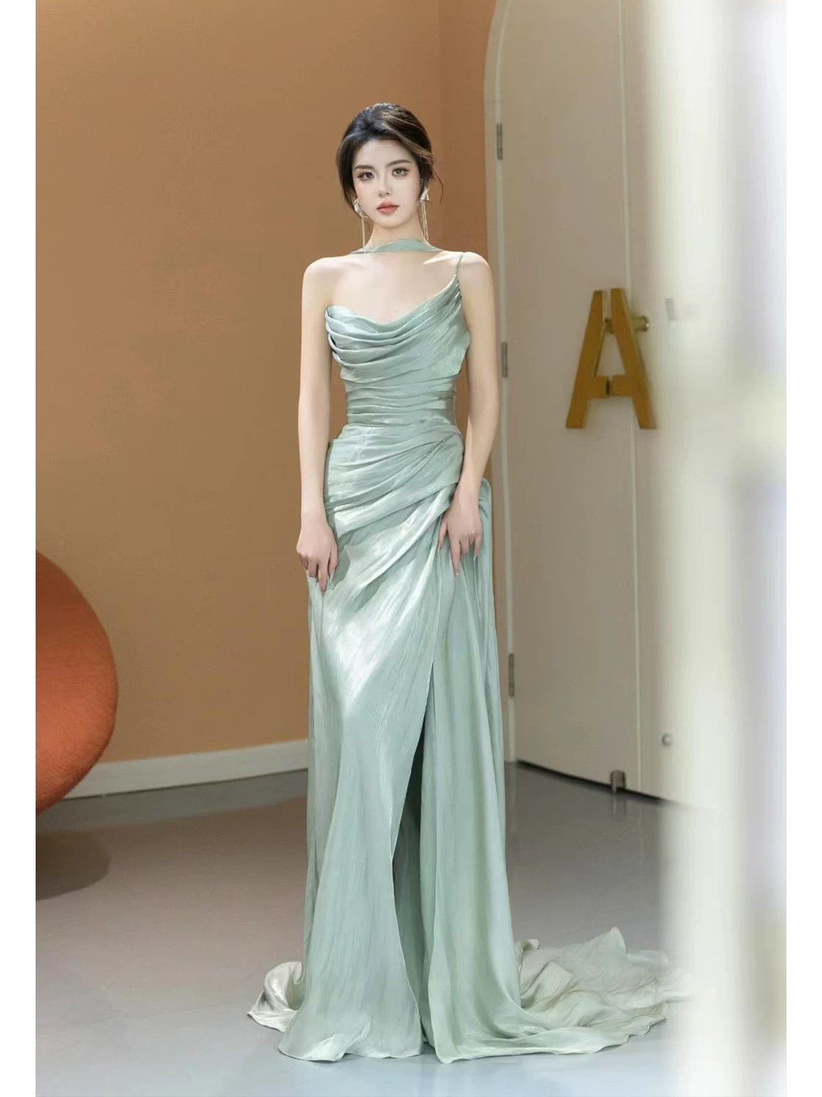 Robe de soirée verte coupe A, robe de bal formelle, J7101