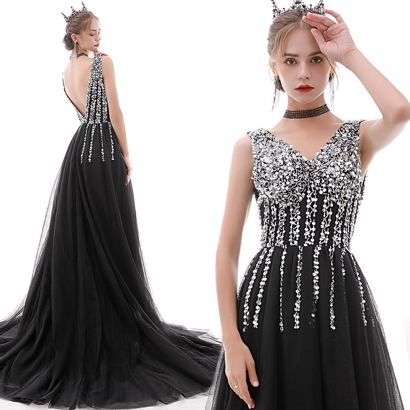 V Neck Sequins Long Prom Dress A Line Silver Tulle Party Dress 134 - JulyProm