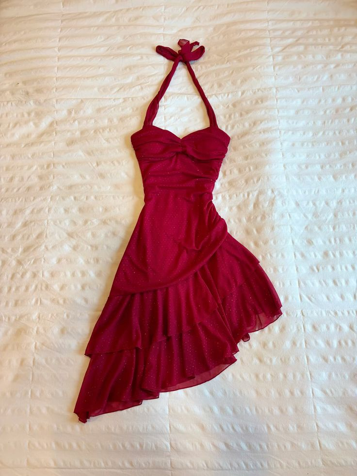 Halter A Line Red Prom Dress Ruffle Evening Dress J8278