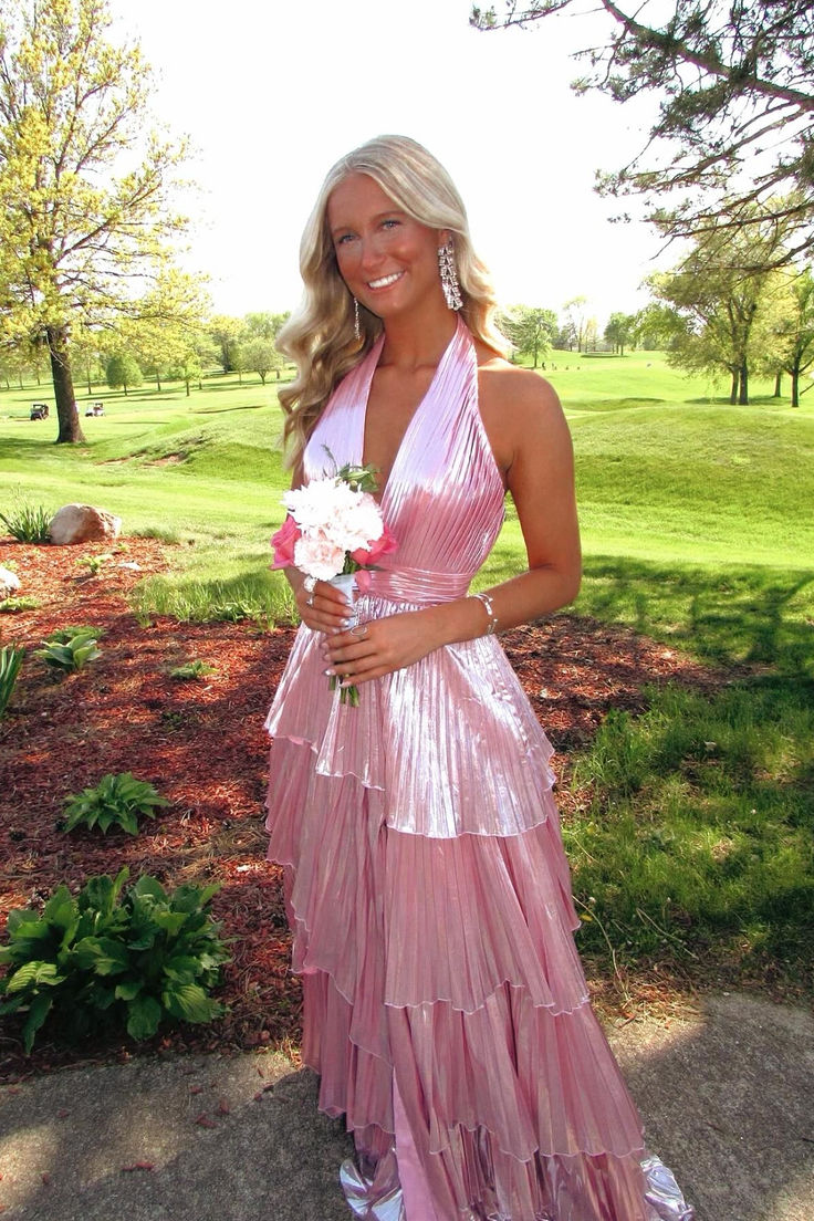 strapless open back dress Halter Pink Pleated Long Formal Dress V Neck Evening Dress J8655 – JulyProm
