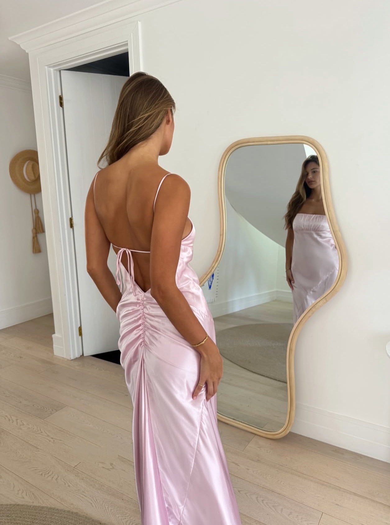 Spaghetti Straps Pink Satin Prom Dress Sheath Birthday Dress J7799