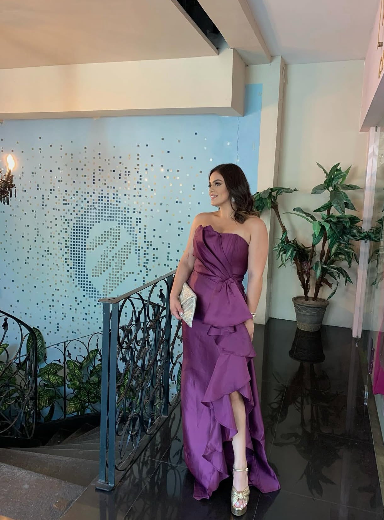 Strapless Purple Ruffle Long Prom Dress Satin Wedding Guest Dress J7950