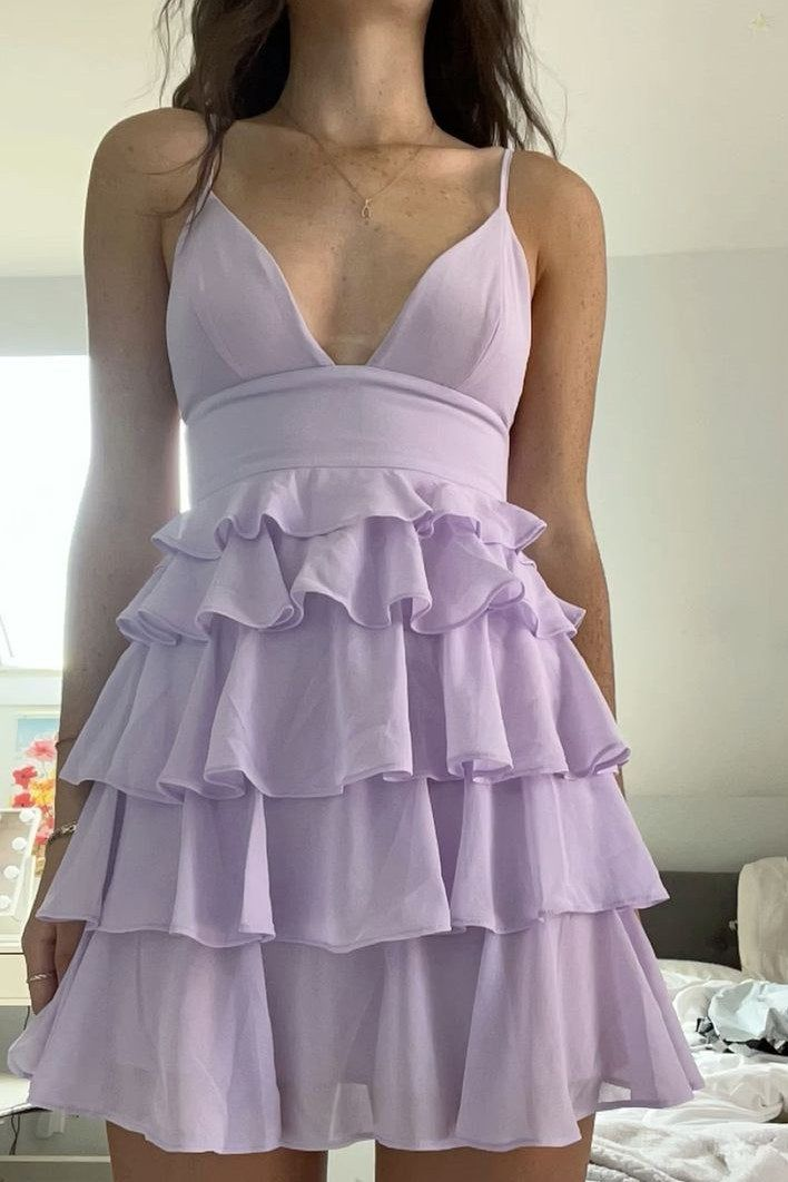 Lila Rüschen Chiffon Kurzes Homecoming-Kleid J7615