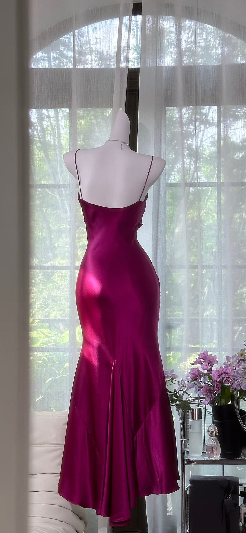Spaghettiträger Fuchsia Vintage Kleid Formales Ballkleid J7657