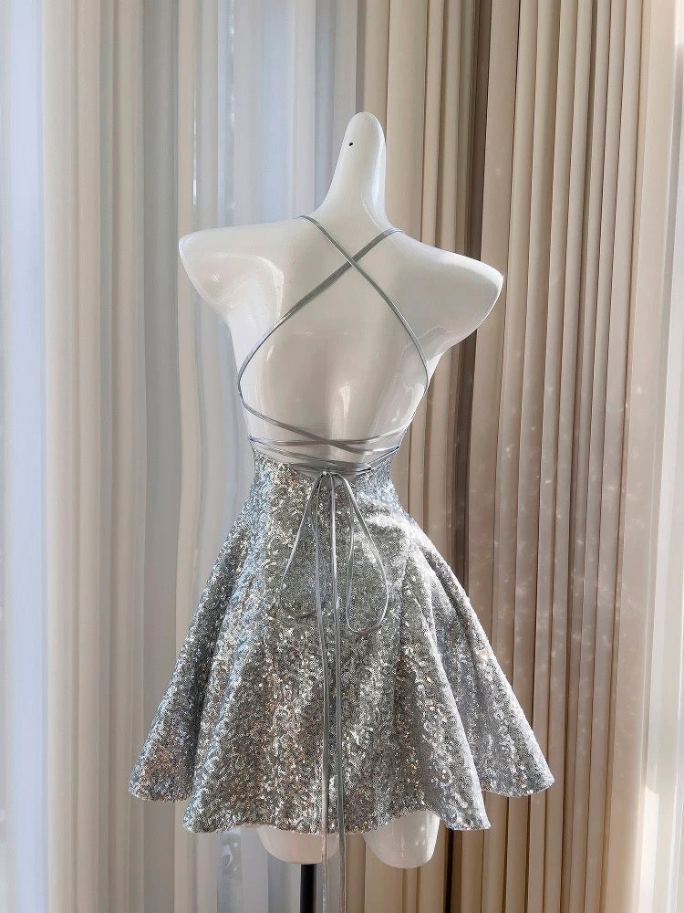 Robe de soirée courte à paillettes argentées, coupe trapèze, tenue d'anniversaire J7658