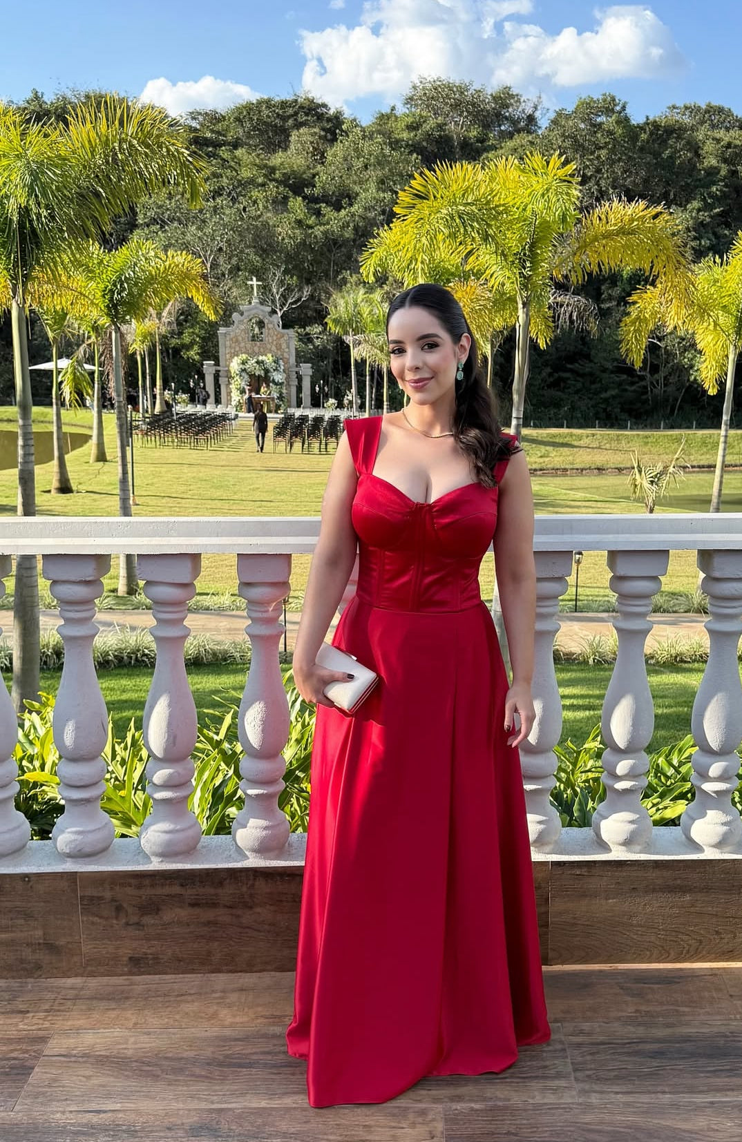 A Line Red Satin Long Prom Dress Wedding Guest Dress J7918