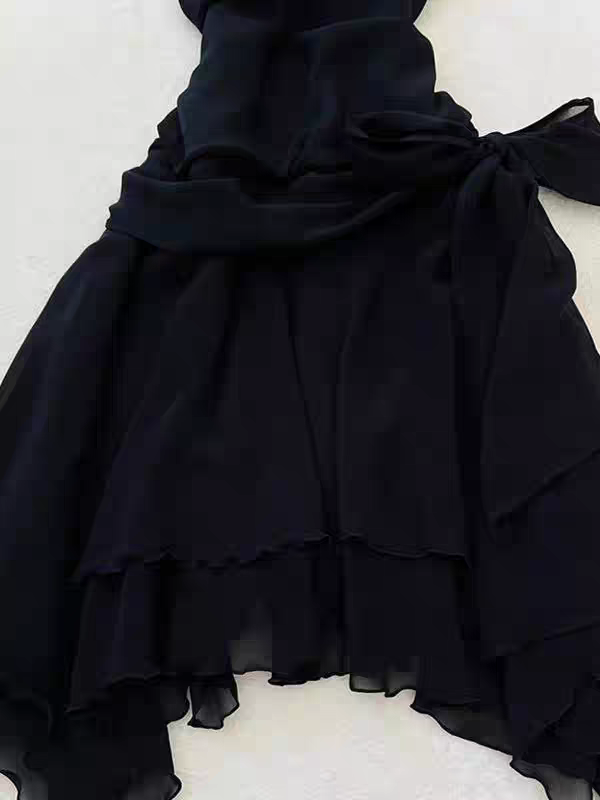 Schwarzes Chiffon-Mini-Heimkehrkleid, kurzes Ballkleid J7473