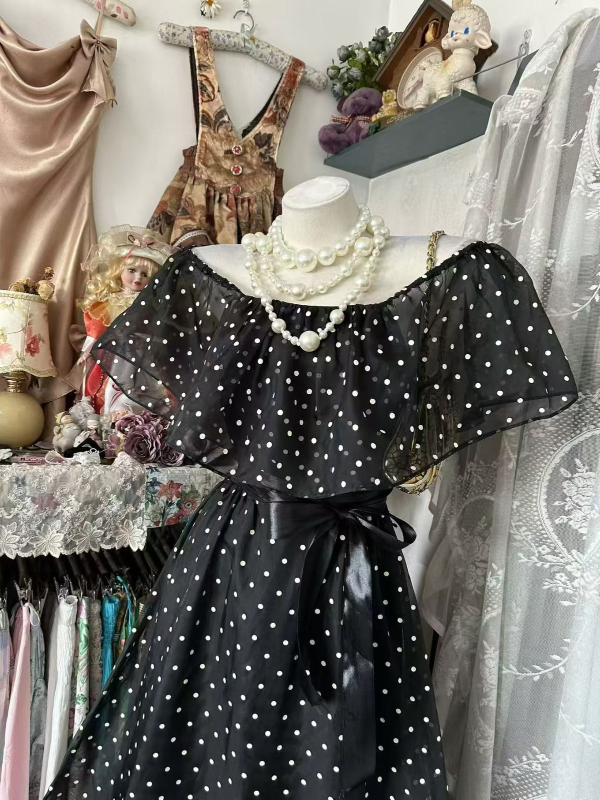 A Line Black Polka Dot Evening Dress Elegant Long Dress J11853