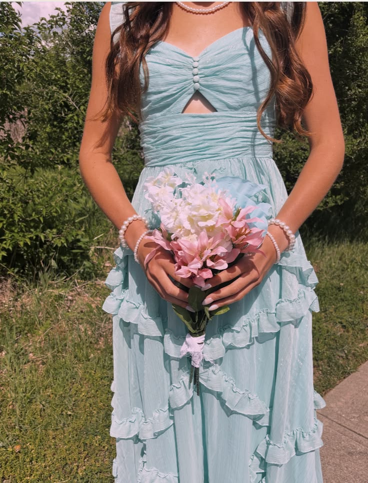 A Line Blue Chiffon Formal Wedding Guest Dress Ruffled Prom Dress J11927