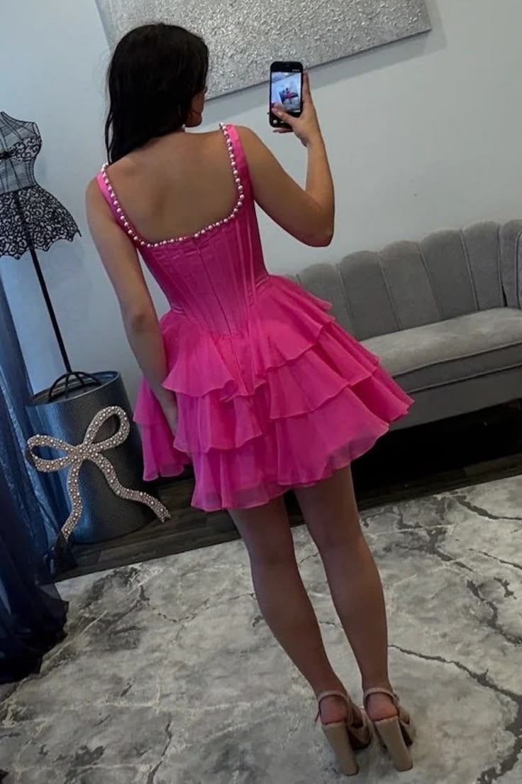 A Line Hot Pink Layered Homecoming Dress Ruffled Short Party Dress J11053