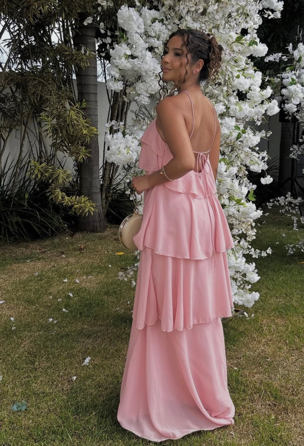A Line Open Back Pink Layered Prom Dress Formal Prom Dress J10095