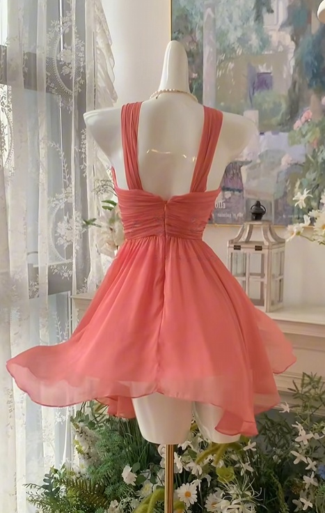 A Line Peach Chiffon Homecoming Dress Short Party Dress J10979