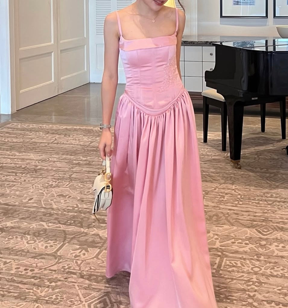 A Line Pink Satin Prom Dress Corset Bridesmaid Dress J9868