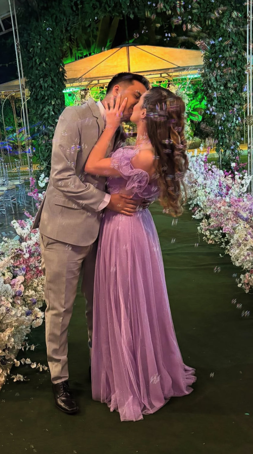 Robe de bal trapèze lavande à épaules dénudées en tulle, robe d'invitée de mariage J7788