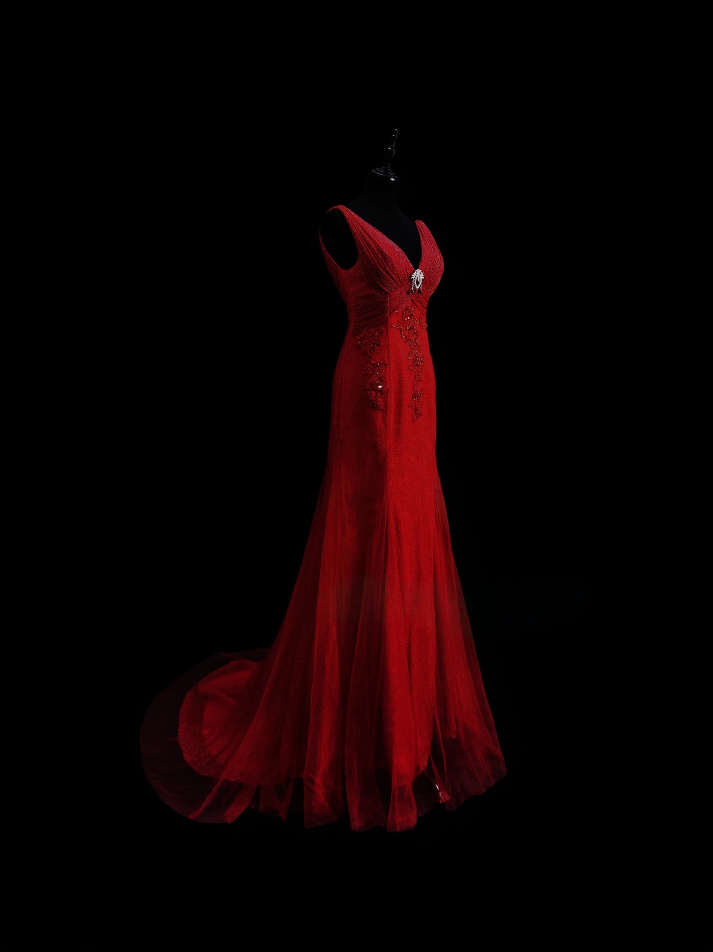 V Neck Red Mermaid Long Prom Dress Applique Evening Dress J8424