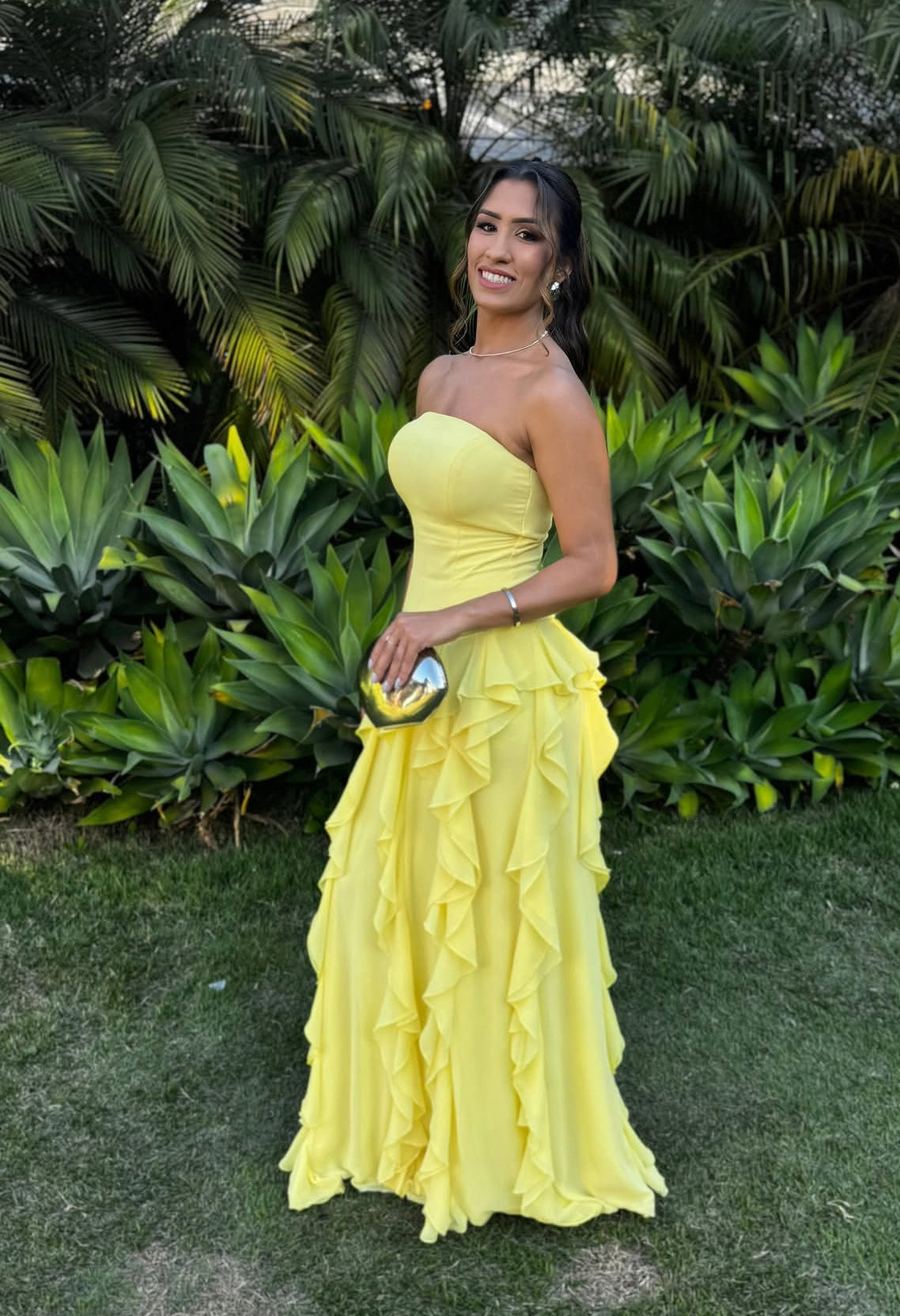 Strapless A Line Yellow Long Prom Dress Wedding Guest Dress J7846