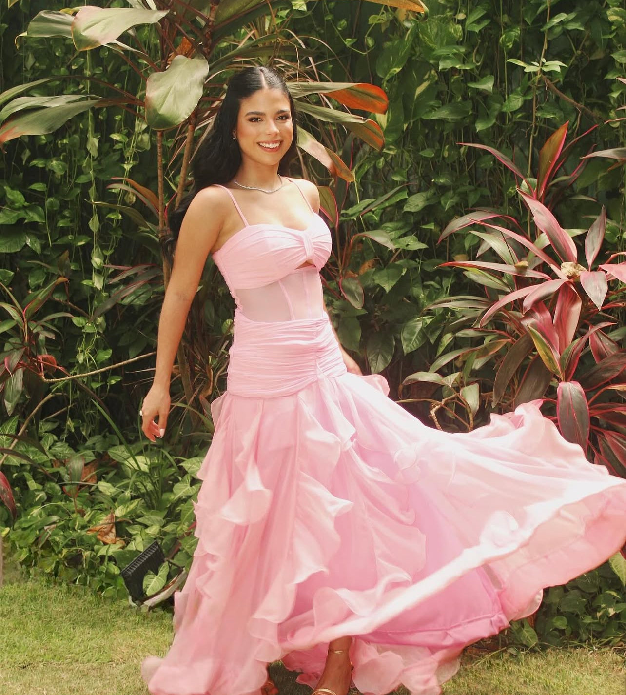 Spaghettiträger Rosa Rüschen Ballkleid Hochzeitsgastkleid J7773