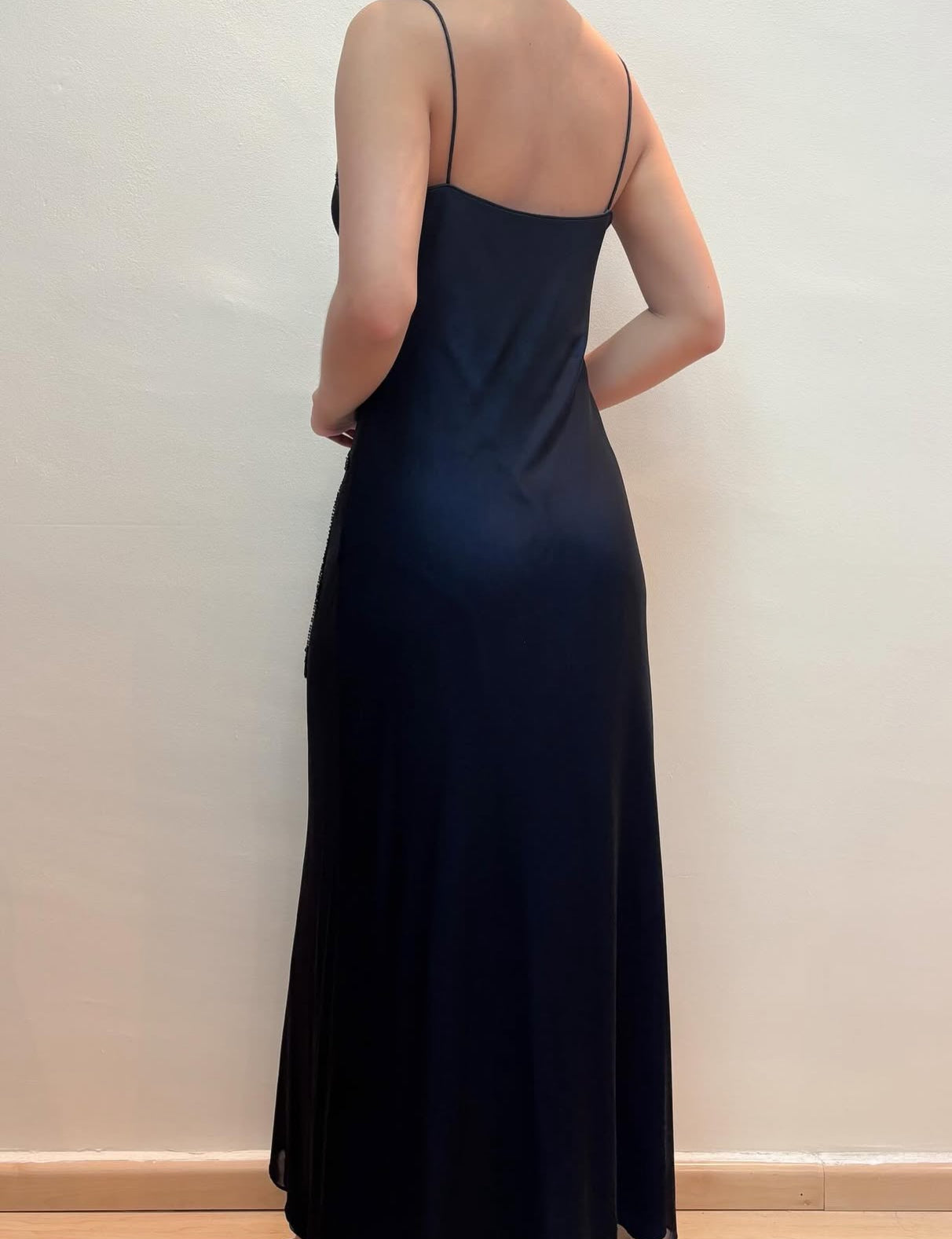Spaghetti Straps Navy Blue Long Prom Dress Beaded Evening Gown J8550