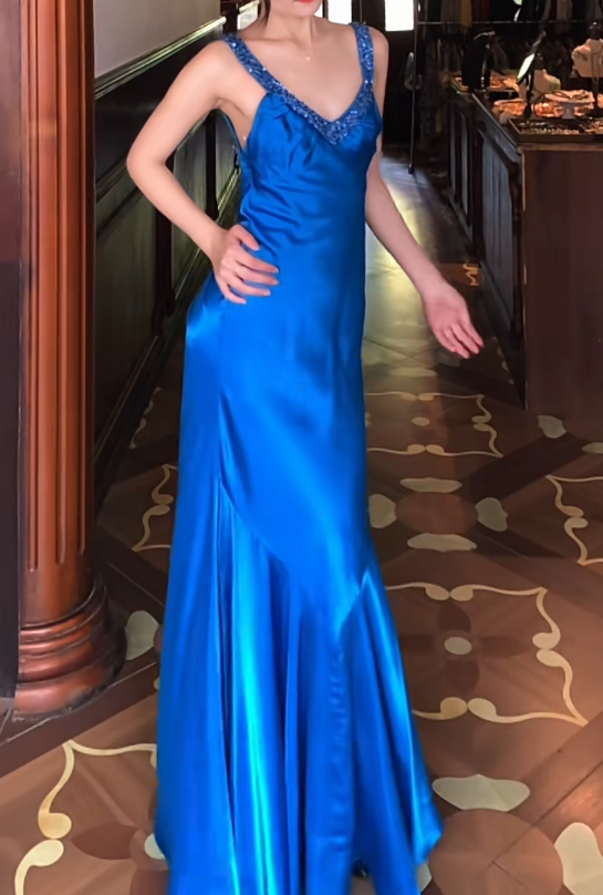 Backless Blue Satin Backless Prom Dress V Neck Evening Dress J9681
