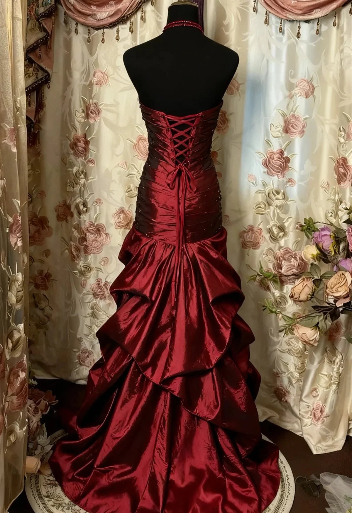 Robe de bal bustier violette en satin avec appliques, robe de soirée formelle J9413