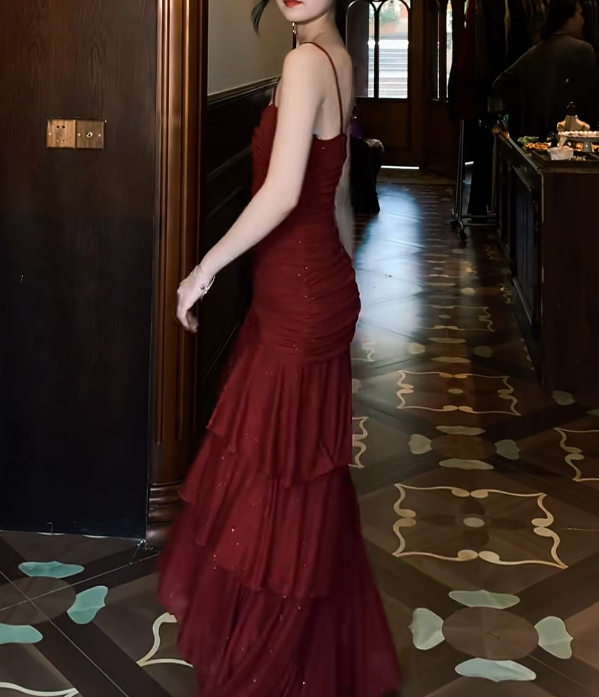 Burgundy Layered Prom Dress Sparkle Formal Evening Gown J9666