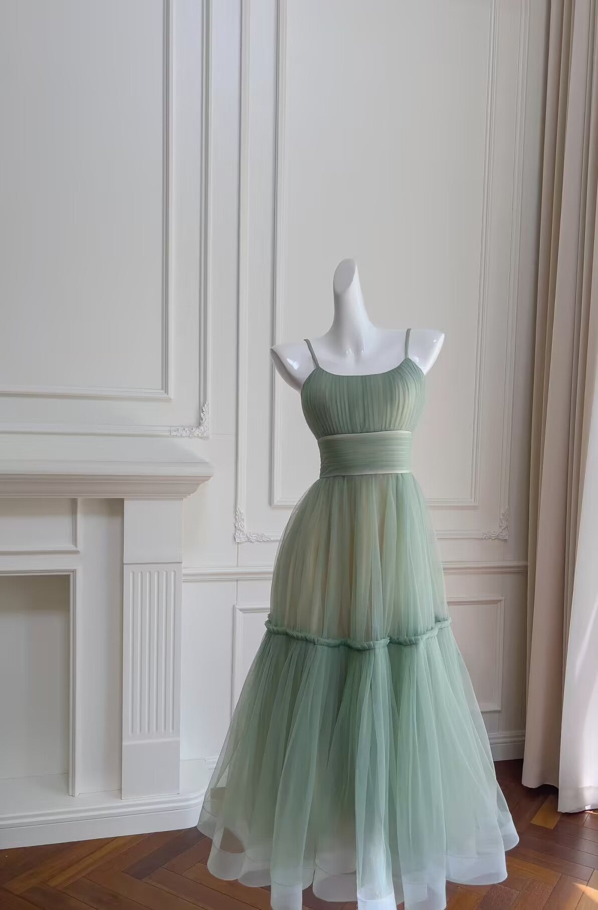 Spaghettiträger Grün Chiffon Rüschen Sommerkleid Abendkleid J7000