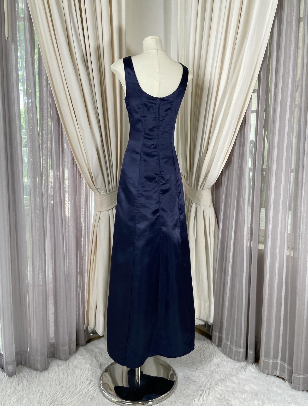 Navy Blue Satin Long Prom Dress Elegant Formal Evening Gown J8537