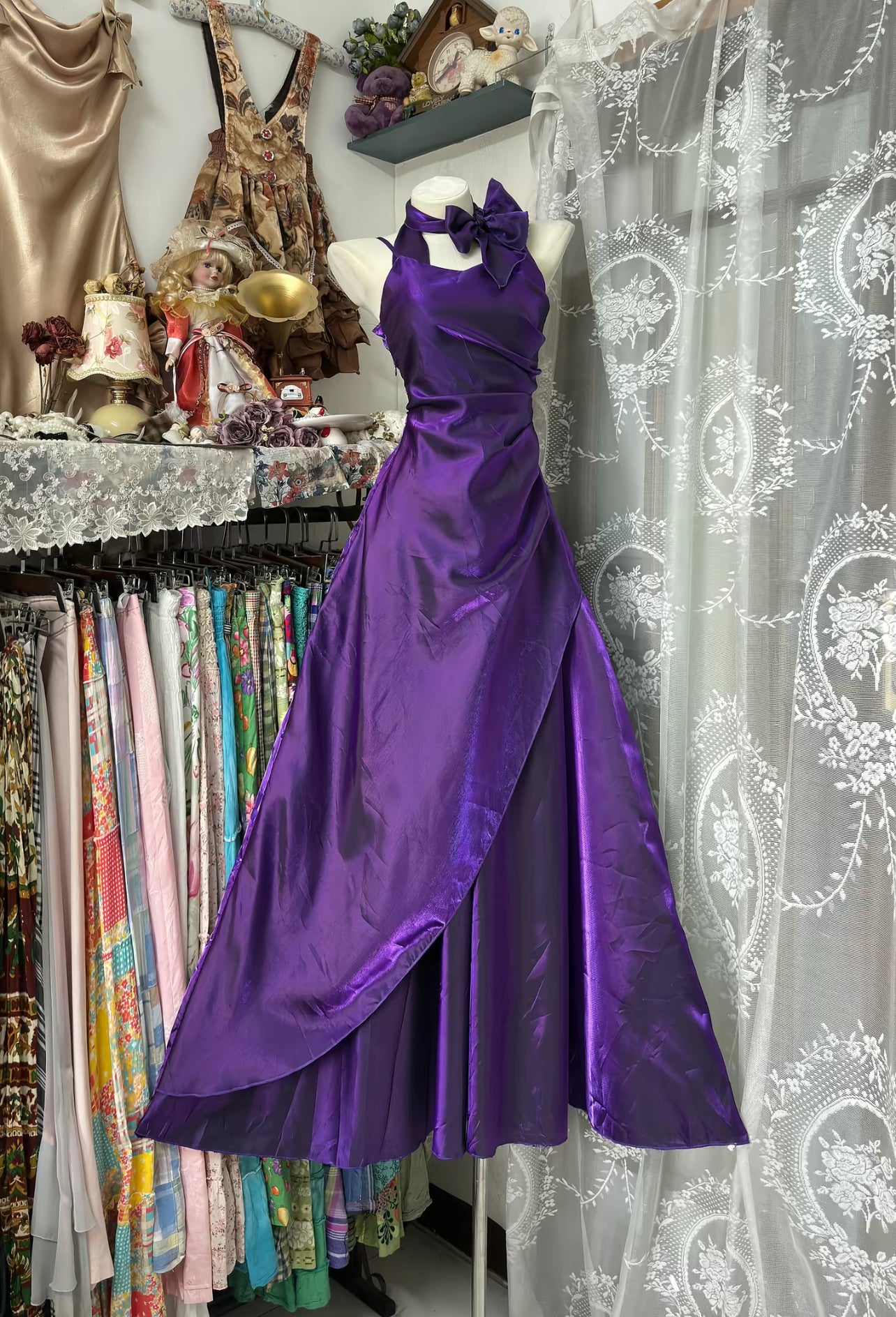 Halter A Line Purple Long Prom Dress Vintage Evening Party Dress J8897