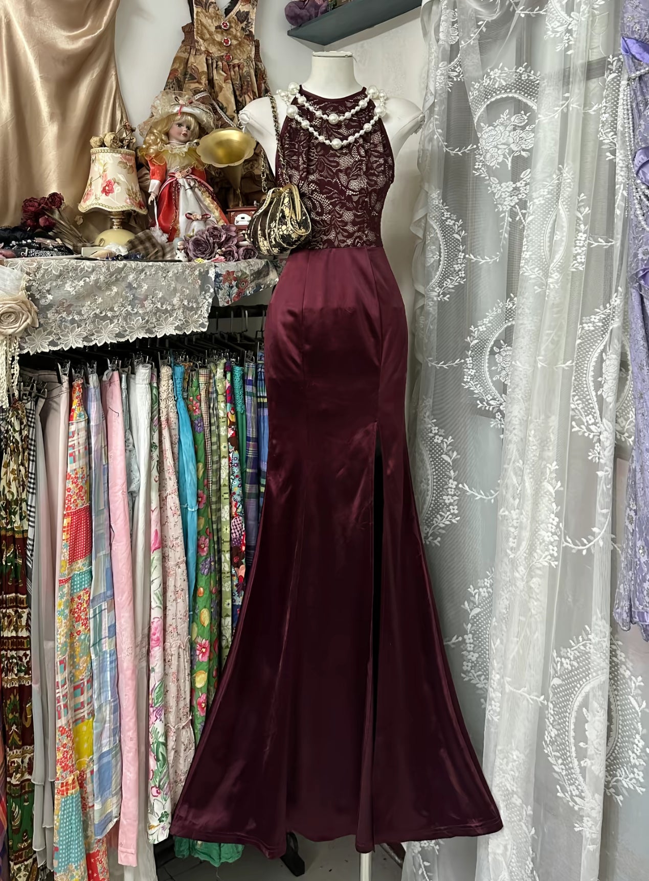 Halter Mermaid Long Prom Dress Lace Formal Evening Dress J8505