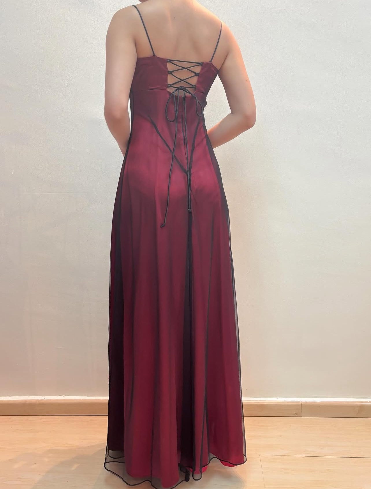 Spaghetti Straps Red Long Prom Dress Beaded Vintage Dress J8559