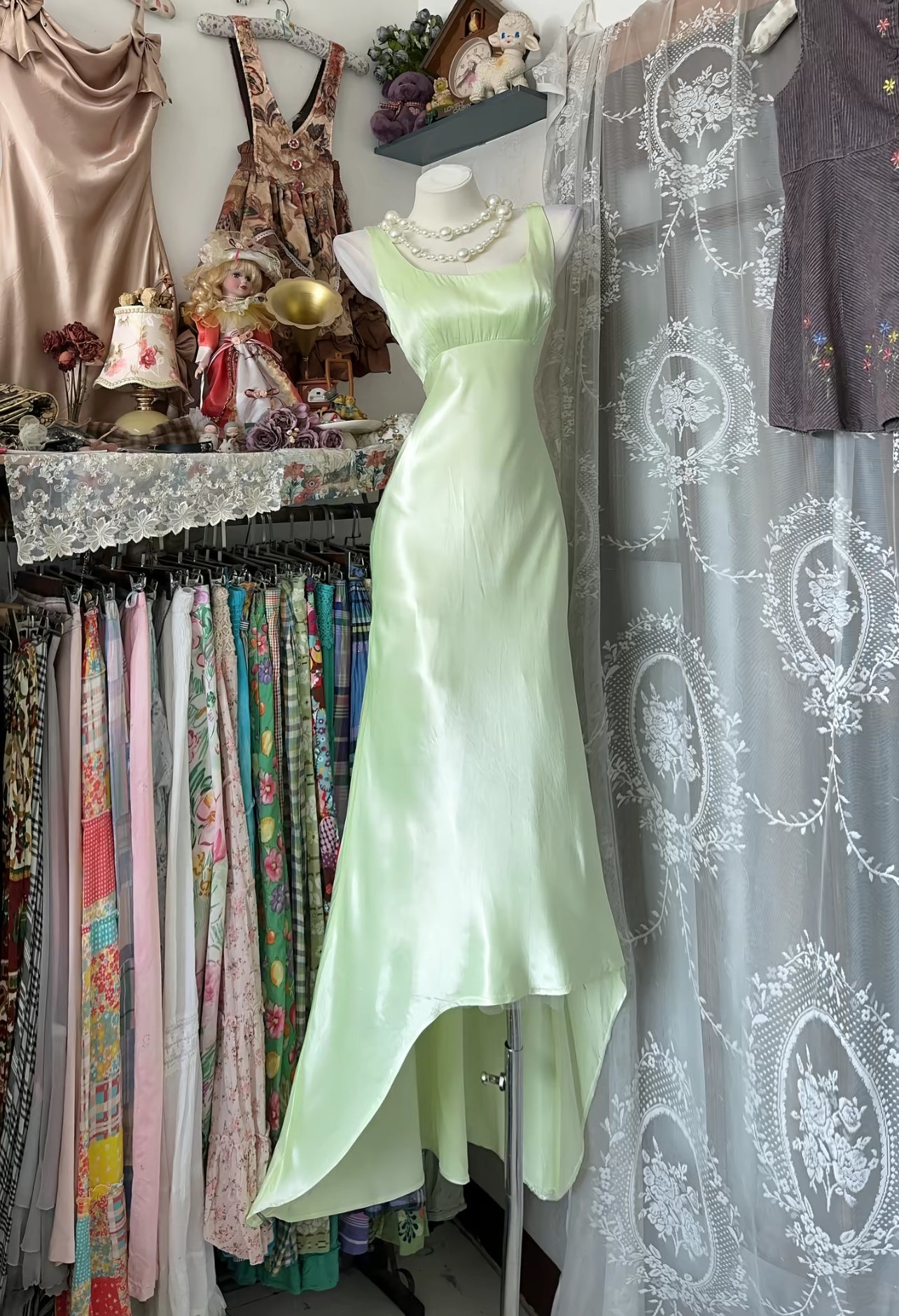 Green Mermaid Satin Long Prom Dress Vintage Evening Party Dress J8902