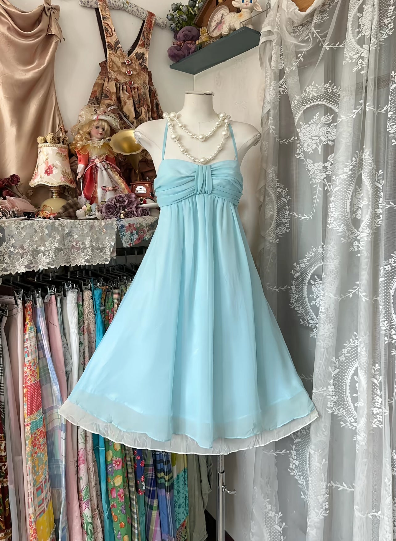Spaghettiträger A-Linie Blau Kurzes Homecoming-Kleid Chiffon Partykleid J8510